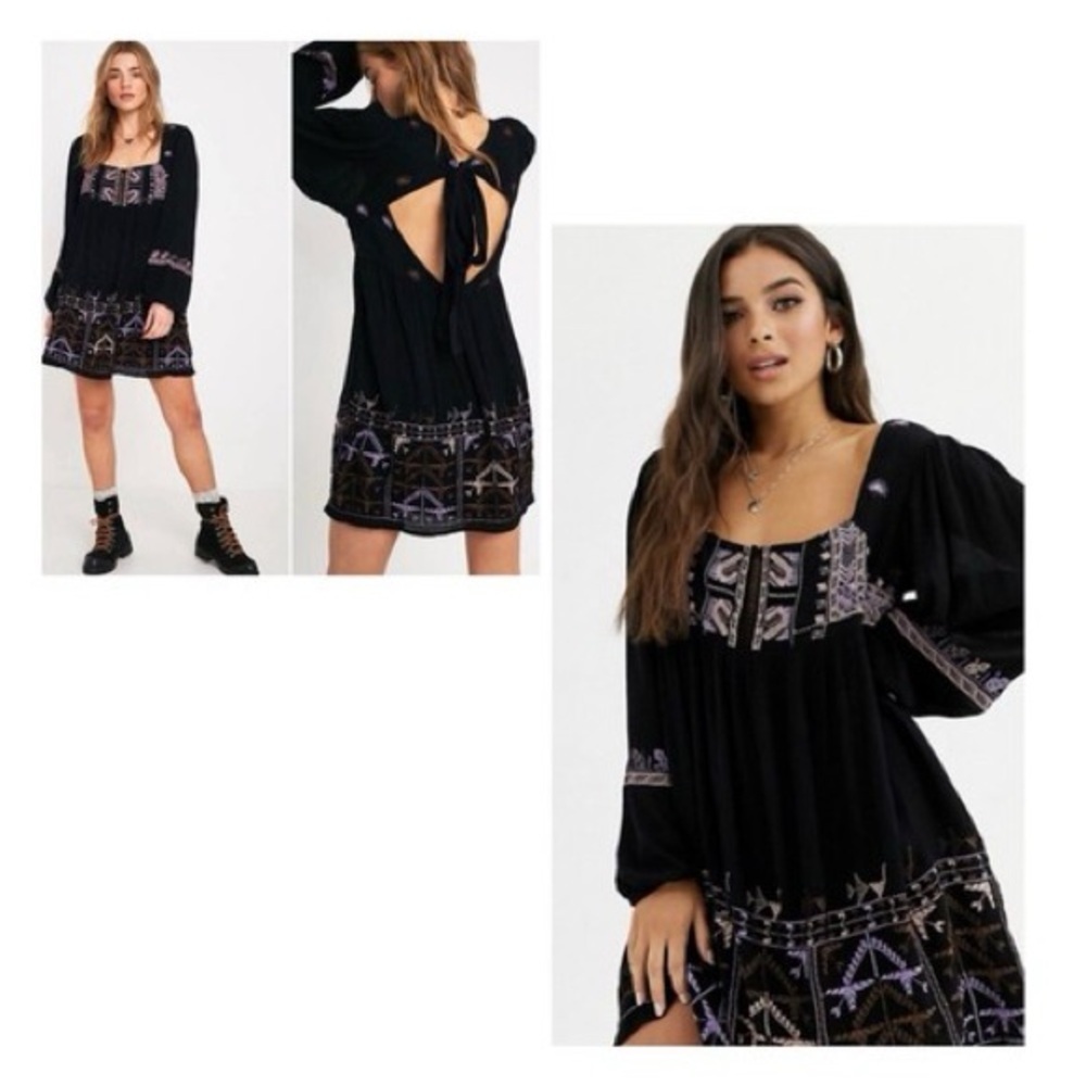 Free People‎ Rhiannon Embroidered Mini Dress in Black Bohemian Festival XS